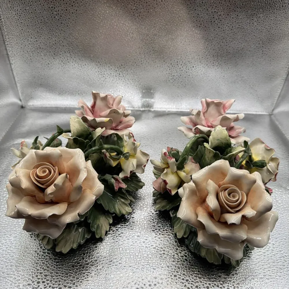 Pair Of Vintage Porcelain Floral Capodimonte Candle Holders Centerpiece